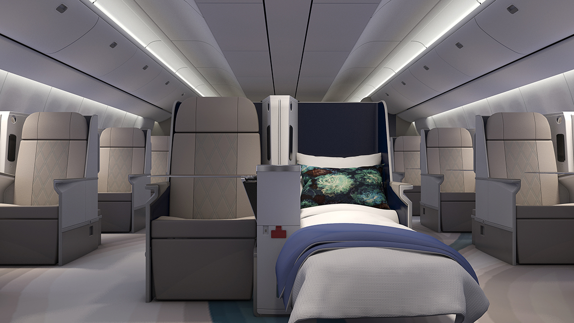 A rendering of the forward cabin on the CrystalAir jet. The plane will have room for 84 passengers in a two-two-two configuration.