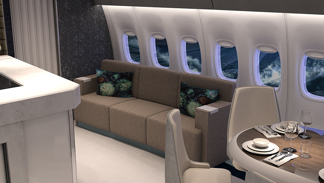 A rendering of the aft cabin on the CrystalAir 777. In addition to dining, the cabin will have a bar and lounge area.