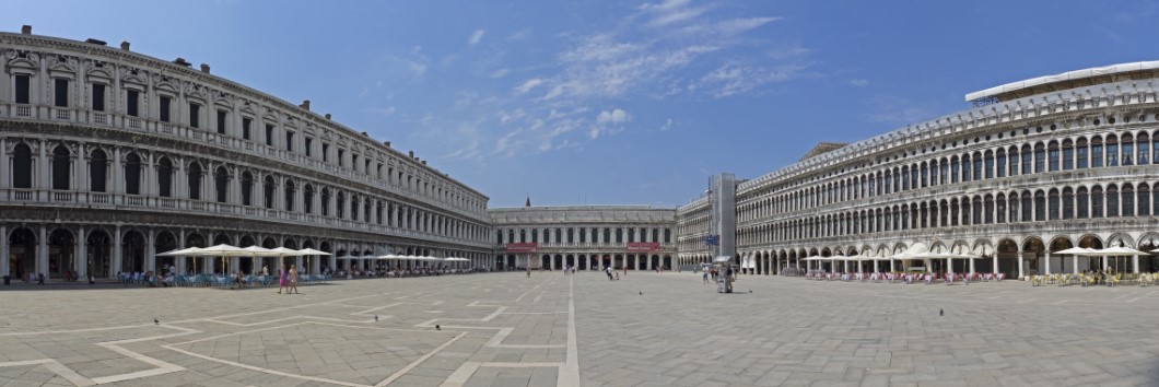 Venice, Italy. Amazing landscape of San Marco square during Covid-19 or Coronavirus time. Very few tourists in the square. Square empty due to the lack of visitors for the pandemic