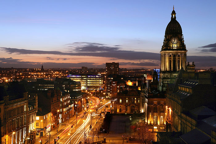 Headrow and Town Hall at night. Image via Leeds City Council