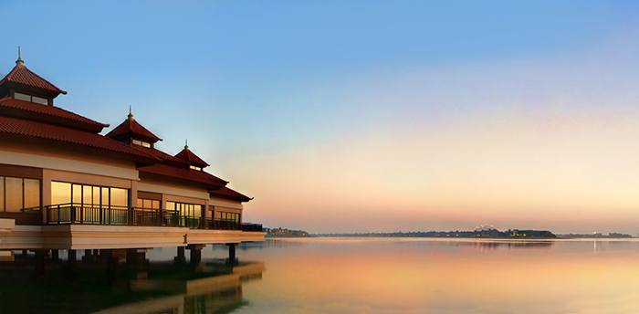 Water Villas at sunset. Image via Visit Dubai