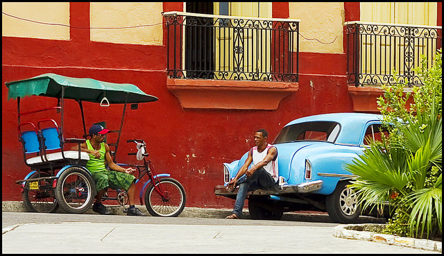 Cabbies at the Red Wall---Santiago de Cuba, Cuba
