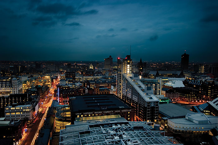 Manchester City skyline, at dusk