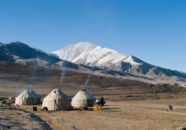 Yurts in the mountains above Lake Issuk Kul.