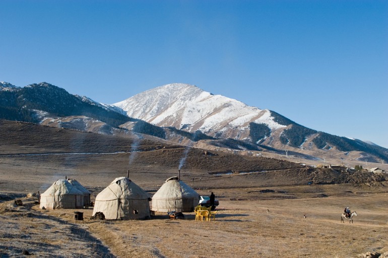 Yurts in the mountains above Lake Issuk Kul.
