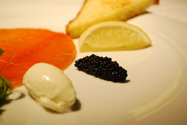 Caviar, creme fraiche, lemon - Smoked salmon entree - Guillaume at Bennelong - by Julia