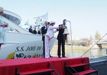 Dame Joan Collins christened Uniworld's new Seine River vessel, the S.S. Joie de Vivre, in Paris on Monday.