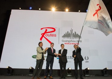 The World Routes handover to the Chinese city of Guangzhou, host of the 2018 event. (PRNewsfoto/Routes)