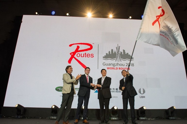 The World Routes handover to the Chinese city of Guangzhou, host of the 2018 event. (PRNewsfoto/Routes)