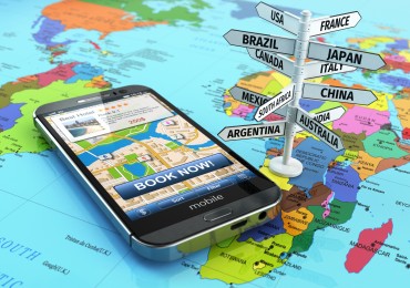 Travel and tourism concept. Booking hotel by smartphone and destination signboard. 3d