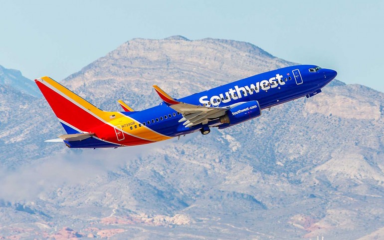 Las Vegas, NV, USA- November 3, 2014: Boeing 737 Southwest Airlines takes off from McCarran International Airport in Las Vegas, NV on November 3, 2014. Southwest is a major US airline and the world's largest low-cost carrier. It is the largest operator of the 737 worldwide.