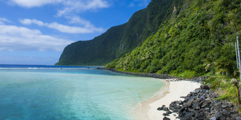 Turquoise water and white sand beach on Ofu Island, Manua Island group, American Samoa, South Pacific, Pacific