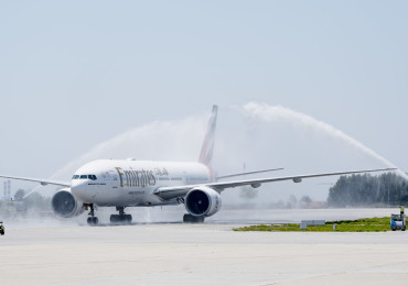 PRT- 02JUL2019 •	Emirates’ Boeing 777-300ER is welcomed with a water cannon salute after touchdown at Porto Airport today for the airline’s newest service launch.
 Photo by Rui Coutinho